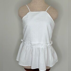 Impeccable Pig White Seersucker Spaghetti Strap Top with Ruffled Peplum Small